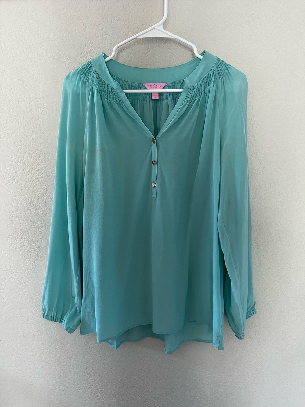 Lilly Pulitzer Teal Long-Sleeve Silk Blouse Size M